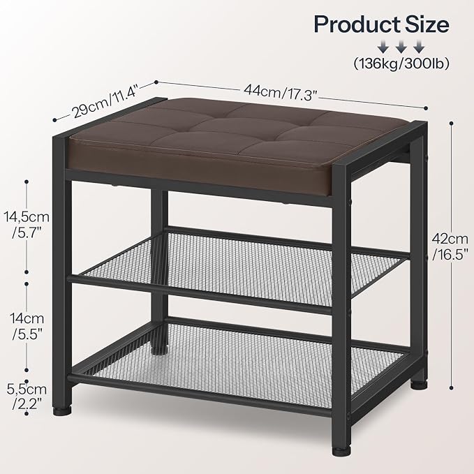 HOOBRO Small Shoe Bench, 3-Tier Shoe Rack, Shoe Storage Bench with PU Seat Cushion, Entryway Shoe Rack Bench with Metal Mesh Shelves, Freestanding Shoe Organizer for Hallway, Brown CB33HX01