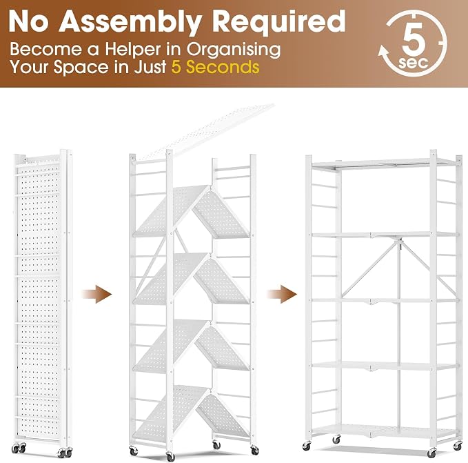 Fenbeli Foldable Shelves with Wheels - 5 Tier Folding Shelf, Collapsible No Assembly Metal Shelving Unit, Origami Storage Shelves & Rolling Storage Rack with 8 Hooks for Kitchen Pantry Garage