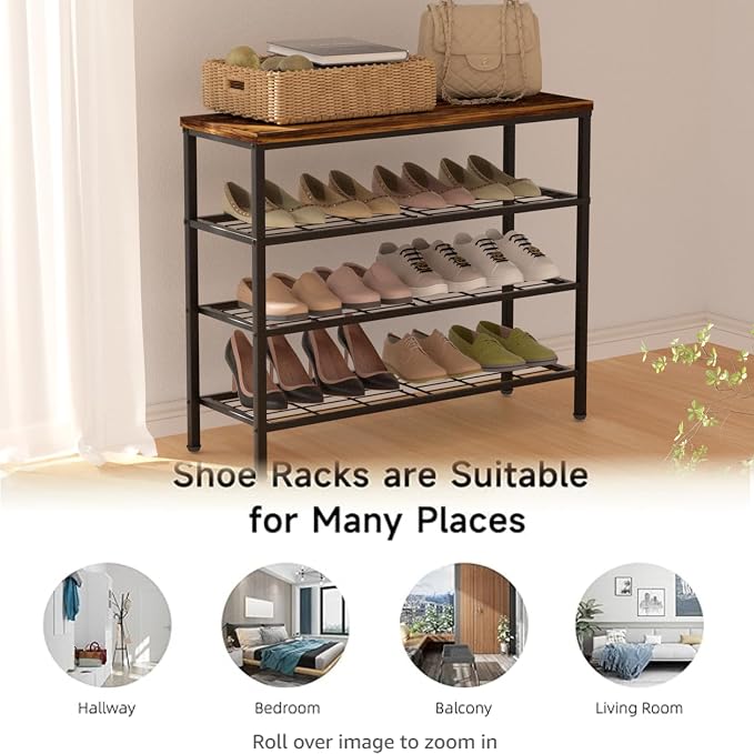 4-Tier Metal Shoe Rack with Wood Top - Durable & Space-Saving Shoe Organizer,Industrial Shoe Organizer Shelf Bench Storagefor Closet Entryway, Bedroom & Hallway - Bronze+Black 28.5 W × 25.5" H