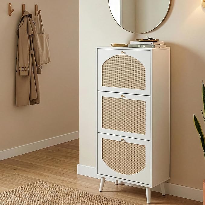 Karl home White Rattan Shoe Cabinet, 3-Tilt-Out Entryway Storage Organizer | Hidden Shoe Rack with 3 Tilt-Out Compartments for Heels, Slippers and Casual Shoes, Space Saving Entryway Furniture