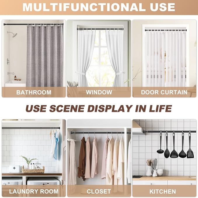 Adjustable Spring Curtain Rod 30-63 inch, Tension Curtain Rod No Drilling, Spring Loaded Curtain rods for Window Doorway Kitchen, Black