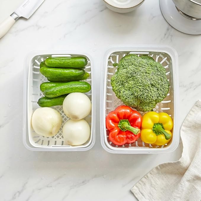 carrotez 8.5 Cup Produce Saver Container for Fridge with Colander - 2.0L | Airtight Fruit & Vegetable Storage Bin, Removable Strainer Basket, BPA-Free, Stackable, White Colander