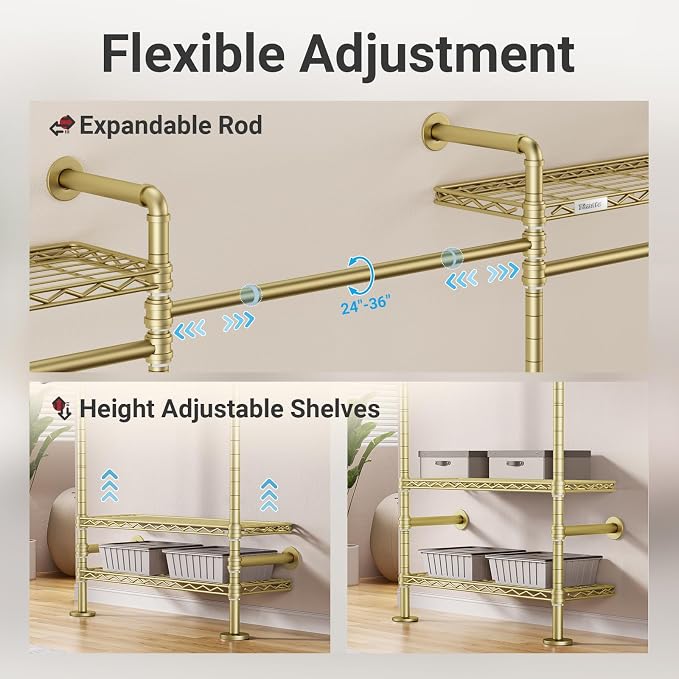 Timate L5 Expandable Wall Mounted Clothes Rack for Corner, L Shape Heavy Duty Industrial Pipe Clothing Rack with 8 Adjustable Shelves & 4 Hanger Rods, Closet System for Hanging Clothes, Gold