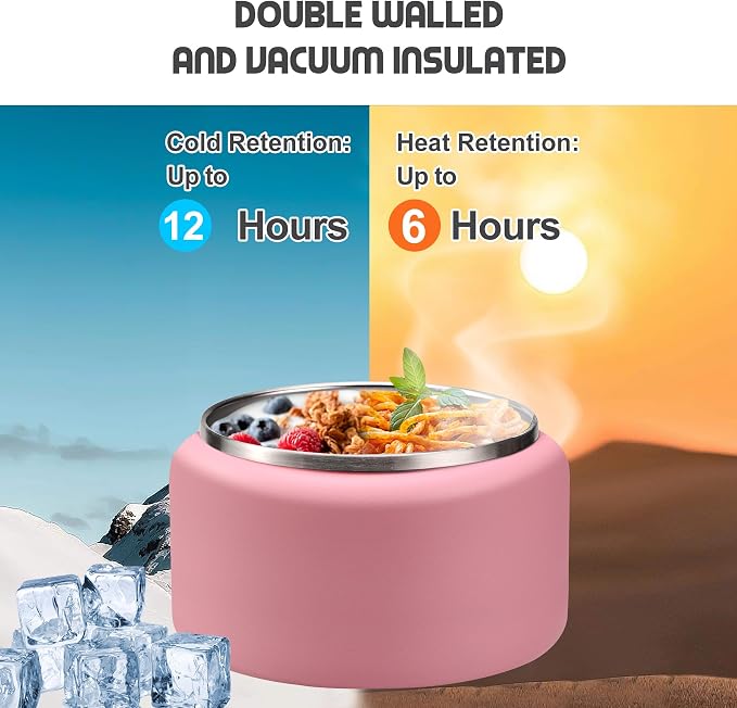 BOSEDSANG 13.5oz Soup Thermo for Hot Food Kids with Buckle Lid Insulated Vacuum Food Jar Wide Mouth Leakproof Stainless Steel Lunch Container- Pink