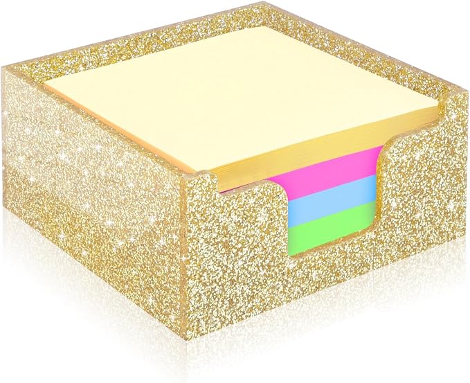 Rouidr Acrylic Sticky Note Holder, Self Stick Note Pad Holder, Gold | 3.94 x 3.94 Inch Glitter Memo Pad Dispenser Organizer for School Office Home Desk Supplies