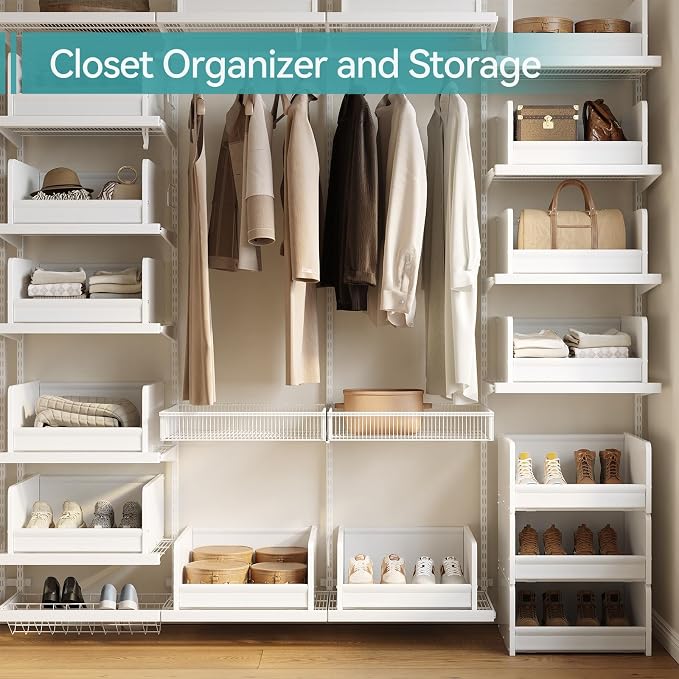 FOUCSSOMEI Closet Organizer and Storage, 4 Tier Stackable Storage Organizer, Wooden & Metal Closet Shelves, Modular Clothes Organizer, Storage Shelf, Bedroom & Closet Organization, Patent Design