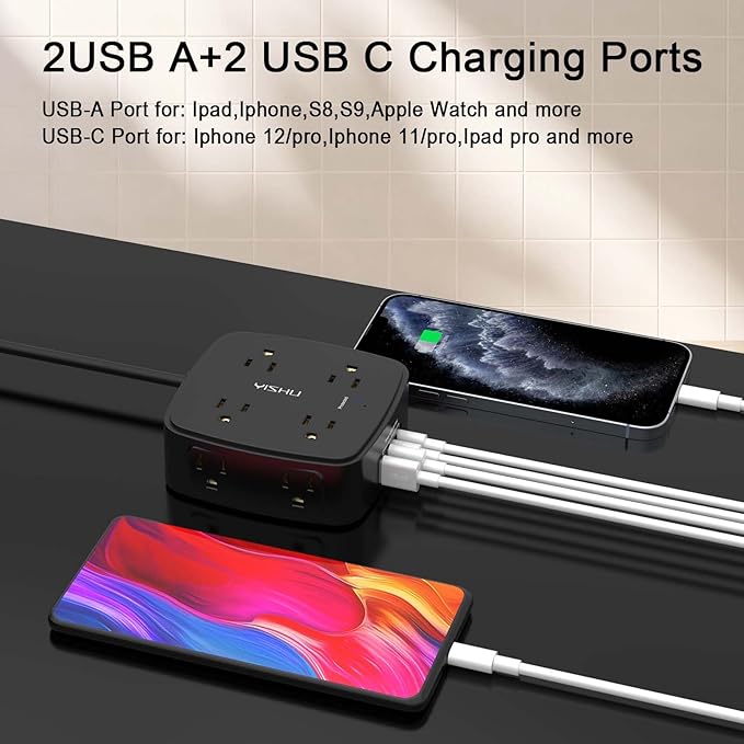 5Ft Surge Protector Power Strip - 8 Widely Outlets with 4 USB Ports, 3 Side Outlet Extender with 5 Feet Extension Cord, Flat Plug, Wall Mount, Desk USB Charging Station, ETL,Black
