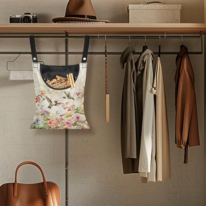 Art Hummingbird Clothespin Bag Clothespin Storage with Hanger Hook Canvas Clothespin Bag with Large Opening Space-Saving Clothespin Holder Clothespin Bag for Outdoor Use