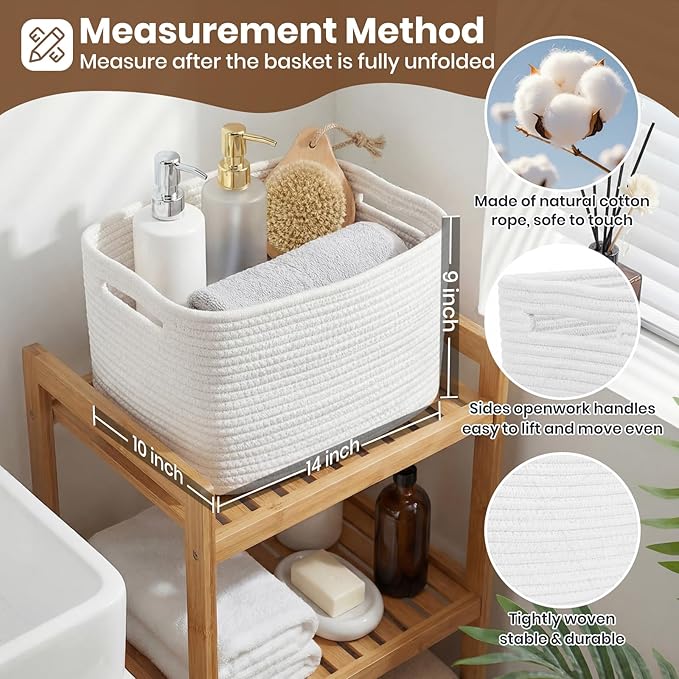 Storage Baskets for Organizing, 14 x 10 x 9” Closet Shelf Woven Baskets, Square Bins with Handles, Cotton Rope Basket for Clothes, Office, Room, White 4 Pack