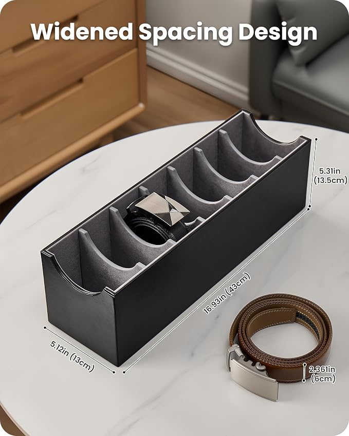 Lolalet Belt Organizer for Closet, Belt Box & Storage Drawer -Black | PU Leather Belt Holder with 7 Extra-Wide Compartments, Soft Lining, Fits Entryway Cabinet, for Men & Women, 2 Packs