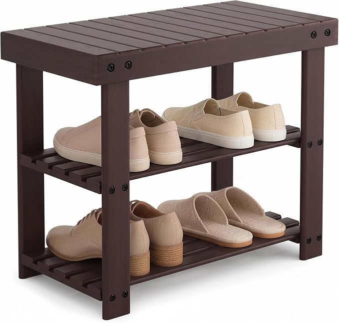 NEWBULIG Shoe Rack Bench, 3-Tier Bamboo Shoe Organizer, Wooden Entryway Storage Bench, 286 lb Load Capacity, 11.2x19.7x17.9 Inches, for Entryway Bathroom Bedroom Balcony, Brown