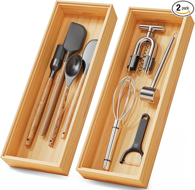 Bamboo Kitchen Drawer Organizer Boxes 14" x 5" Stackable Pantry Organizers | Set of 2 Wood Silverware Utensil Tray Drawers Bins Cutlery & Flatware Storage – Wooden Tray for Junk Drawer Bathroom Rv
