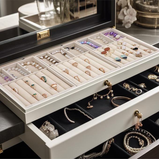Highergo 8 Pcs Velvet Jewelry Trays Stackable Drawers Organizer Ring Earring Bracelet Necklace Storage Trays, 8.3x4.7x1''(3 Grids,7 Slots)