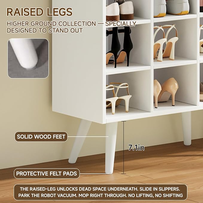 5 Tiers Shoe Storage Cabinet, Stackable Shoe Cubby Wooden Shoe Rack Organizer with 9 Cubbies, 2 Shelves and Legs, 10-15 Pairs, Freestanding Shoe Organizer for Closet, Entryway, Bedroom, White