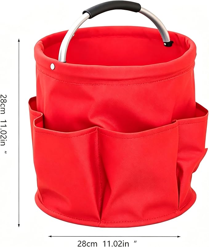 Garden Tool Bucket Organizer, Bucket Tool Organizer,5 Gallon with Aluminum Handle, Multi Side Pockets Portable Storage Caddy for Gardening Camping Car Wash (Red, Open Top)