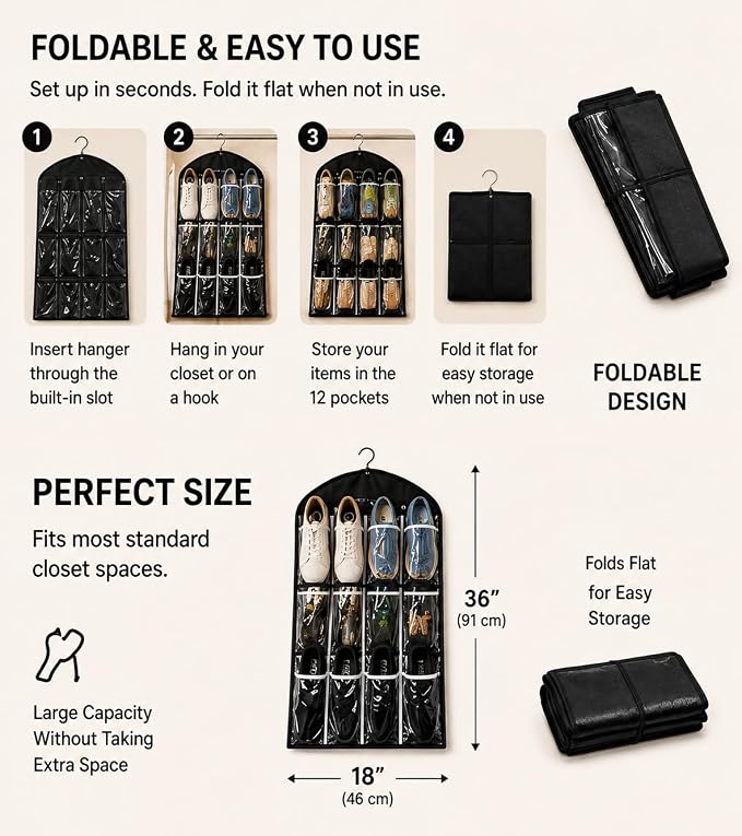 12 Pocket Clear Hanging Shoe & Accessory Organizer Bag - Closet Storage Solution for Shoes, Jewelry, Scarves, Belts & Small Accessories, Durable Space-Saving Design