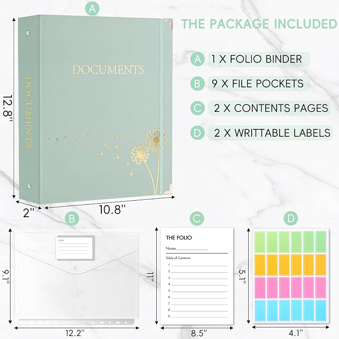 XKDOUS Document Organizer with Gold-Foiled Hardcover, 9 Pockets & Labels 3 Ring Binder for Important Papers End of Life Planner Expanding File Storage Accordion Folio Folders