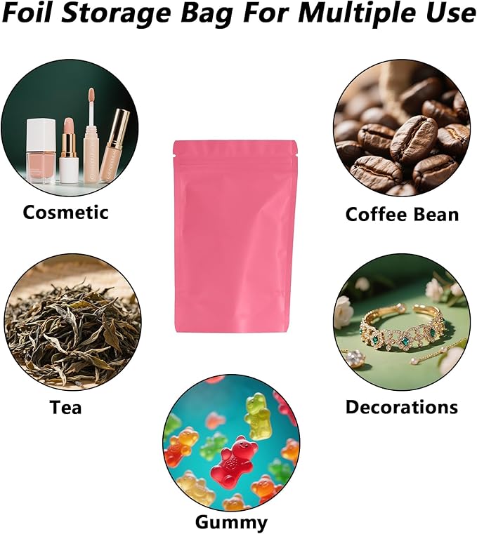 100PCS Smell Proof Resealable Pouch Bags,ULIFESTAR Aluminum Foil Flat Food Storage Bag,Sealable Pcsaging Zipper Pouches with Tear Notches for Pcsaging Lipgloss,Jewelry,etc(10*15cm/3.94*5.91",Pink)