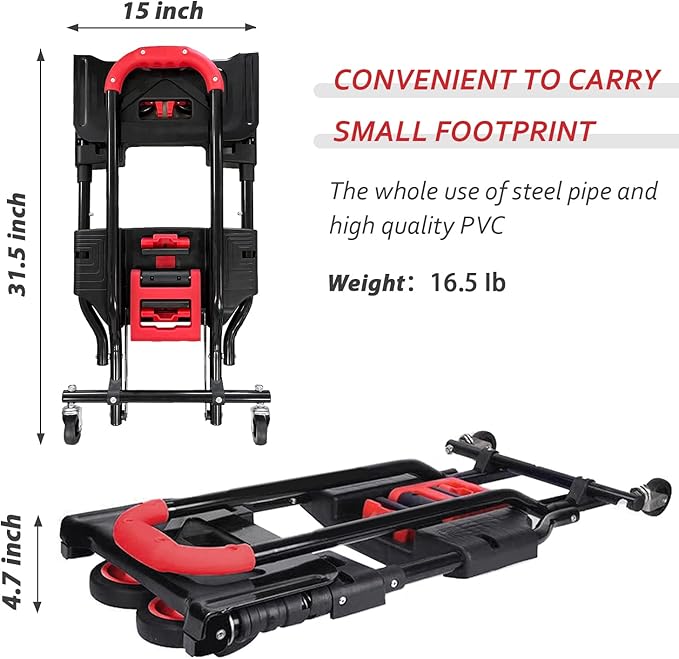 Folding Hand Truck, Portable Dolly Cart with Rubber Wheels and Retractable Handle, 2 in 1 Design 330lbs Capacity Hand Cart Foldable for Transportation/Luggage/Mobile/Travel/Office Use