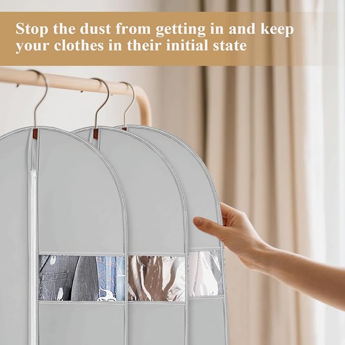 47Inch Garment Bags Covers, Gray Hanging Clothes Bag, Suit Cover Bags with Clear Window for Hanging Closet Clothes Storage and Travel (1, Gray, 47 inch)