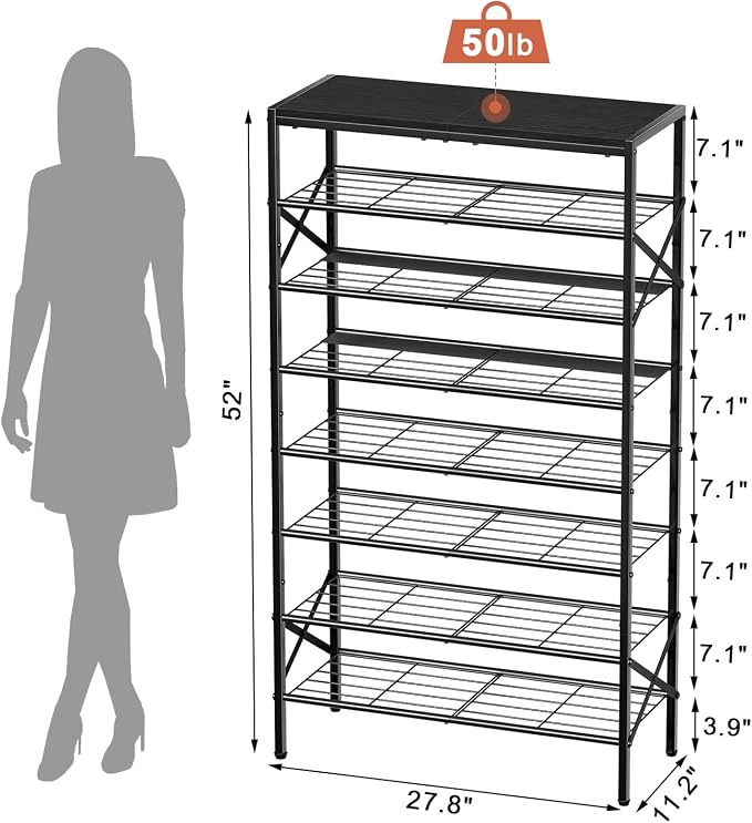 8-Tier Tall Shoe Rack Organizer Shoe Storage for Entryway 24-32 Pairs Metal Shoe Rack for Closet Heavy-Duty Shoe Rack with Wooden Top Shelf for Garage Black