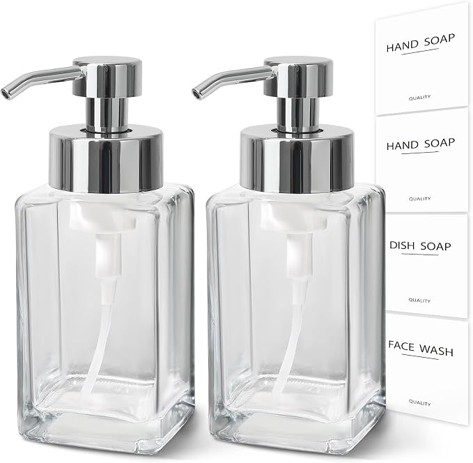 Foaming Soap Dispenser, 12oz/350ml Glass Hand Soap Dispenser Set, Refillable Foam Dispenser with Foaming Pump, Labels, Square Hand Dispenser for Bathroom, Kitchen 2 Pack
