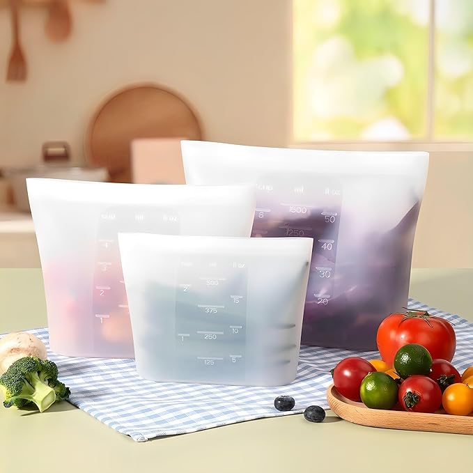 Large Reusable Food Bags 4 Pack, 1.5 Quart(50.7fl.oz) 100% Silicone Storage Bags Stand Up Zip Silicone Food Container, Freezer Microwave Oven Dishwasher Safe, Translucent