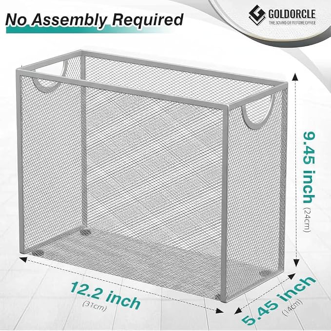 Hanging File Organizer, Letter-Size File Holder Filing Box with 5 Hanging Folders, Metal Mesh Desk File Folder Storage(No Assembly Required) (Silver, with 5 Grey Folders)