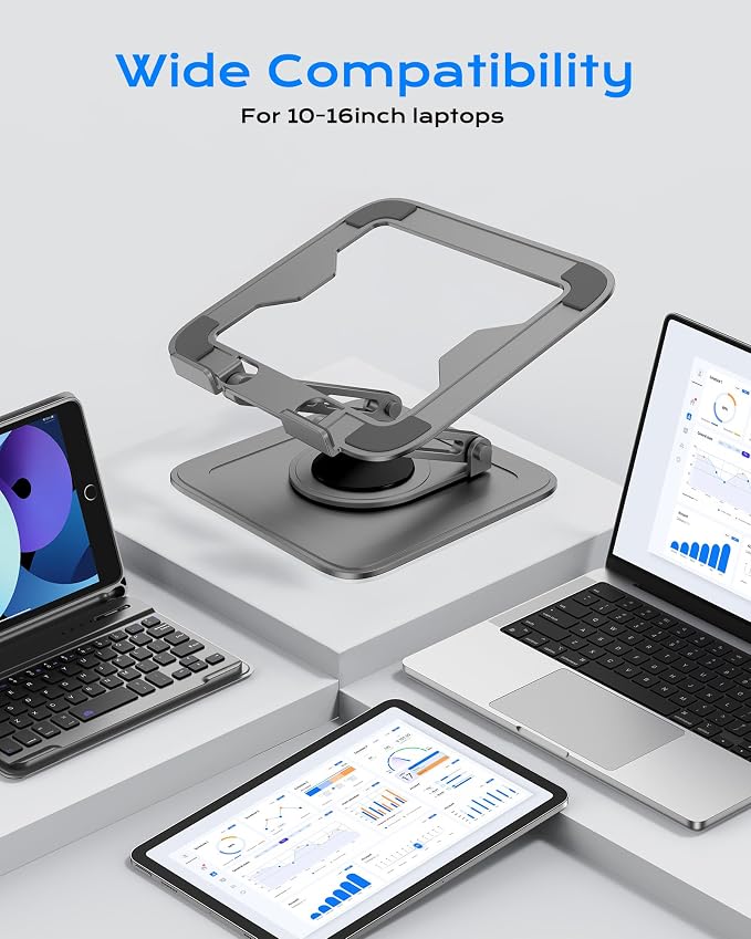 Adjustable Laptop Stand for Desk with 360 Base, Ergonomic Laptop Riser, Mount, Holder Notebook Computer Stand for MacBook Air Pro, HP, Dell, XPS, HP 16" Laptops - Gray