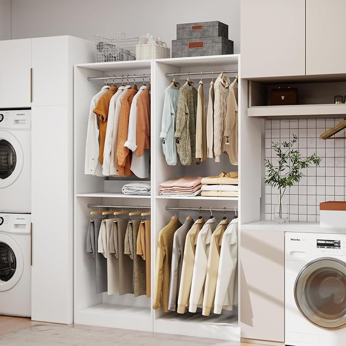 Closet System, 8FT-21FT Wood Closet Organizer System | Closet Storage System with 12 Hanging Rods, 81" Tall Modular Closet System, Standalone Walk In Closet System,Set of 4, White