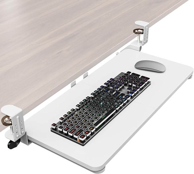 Ergonomic Keyboard Tray Under Desk, Pull Out with Adjustable C-clamp, 25.6 (31.5 Including Clamps) x 11.8 Inch Slide Out Computer Keyboard Drawer Mouse Tray for Typing, Large & White