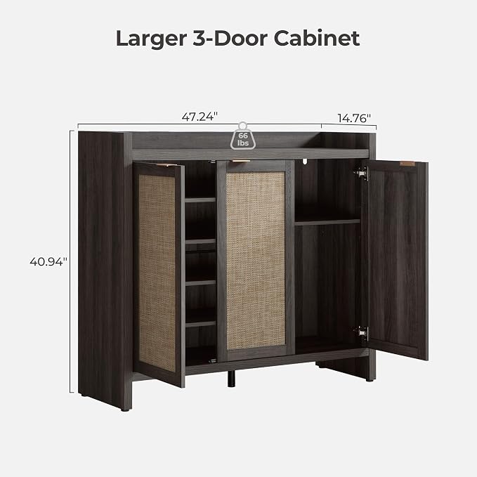 SICOTAS Shoe Storage Cabinet Set of 2, Large Tall Shoe Cabinet, Rattan Shoe Cabinet Storage for Entryway, Farmhouse Cabinet with Doors and Adjustable Shelves for Entryway Hallway, Black Oak