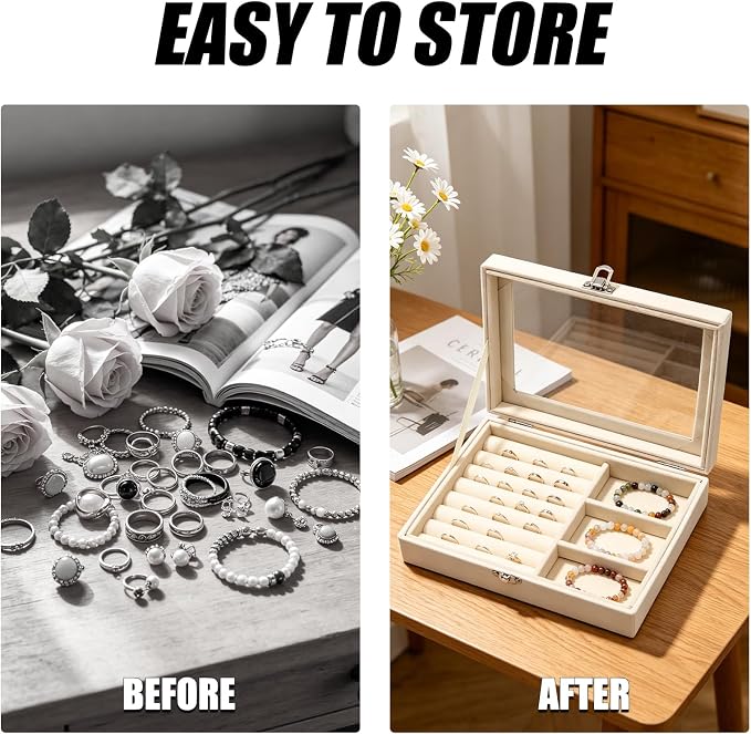 Small Velvet Jewelry Tray with Clear Lid, Lockable Ring Earring Holder Organizer Storage Box Case Jewelry Box Organizer for Rings Earrings Bracelets Brooches, 2-in-1 Beige