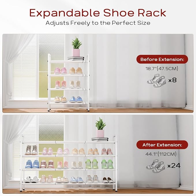 Bumusty 4-Tier Long Expandable Shoe Rack for Closet, 18"-44" Adjustable Shoe Rack for Entryway, 20-24 Pairs Large Shoe Organizer Shelf Storage, Sturdy Metal, White