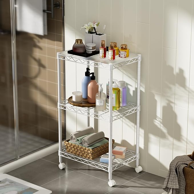 Golpart Small Shelves Storage Wire Metal Adjustable Shelf Unit with Wheels | 3 tier Shelving Organizers Storage Shelving for Bathroom Laundry Room Kitchen Pantry 11.7”D x 17.7”W x 30.7”H White