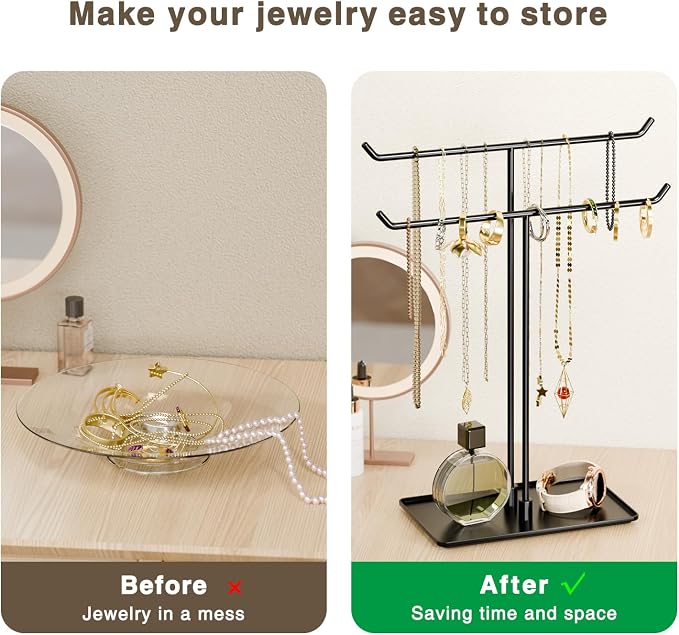 bussdis Necklace Holder Stand,Metal Jewelry Organizer for Home Decor,Black | Modern Design,Easy Assembly,Non-Slip EVA Pads,Gift for Woman,Necklace Display for Bedroom,Vanity and Dresser