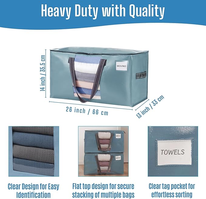 VENO 2 Pack Heavy Duty Moving Bags, Clothes and Comforter Storage Bags with Clear Window, College Dorm Essentials Packing Supplies, Foldable Boxes Alternative (Shiny Light Blue, 2 Pack)