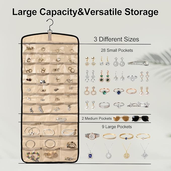Hanging Jewelry Organizer Storage Roll with 39 Clear Pockets Double-Sided Foldable, Necklace Organizer Tangle Free, Travel Jewelry Holder for Earrings, Rings, Bracelets, Hanging on Closet, Wall, Door