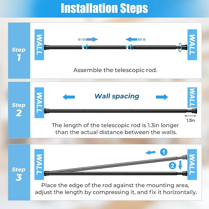 Spring Tension Curtain Rods 28-48 Inch Black 2 Pack | No-drill & tool-free setup. Fits windows, kitchens, doorways. Rust-resistant, great for light curtains.