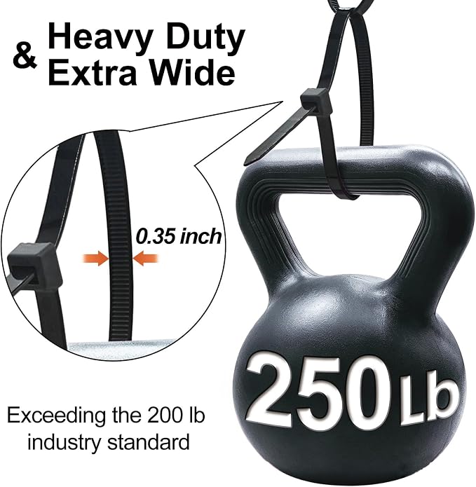 Thick Zip Ties Heavy Duty, 12 inch, Black, 250 lbs High Strength, 500 Pack, Heavy Duty Zip Ties for Outdoor Use, Extra Wide & Strong UV Resistant Cable Ties, Wire Ties, SiKuLin