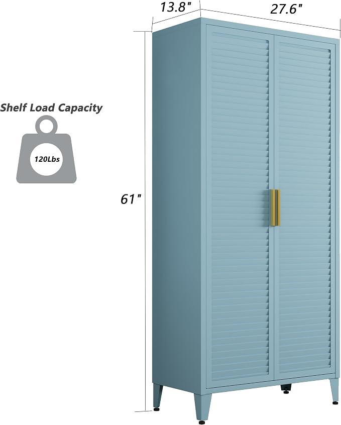 Blue Metal Storage Cabinet with Doors Pantry Cabinet with 3 Adjustable Shelves, 61" Tall Steel Kitchen Storage Locker for Kitchen Living Room Bedroom Home Bathroom