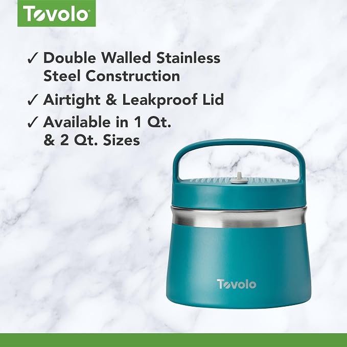 Tovolo Insulated Food Container for Hot and Cold Food 1 Quart Stainless Steel Thermos with Spill Proof Lid, Double Wall Vacuum Insulated Travel Jar, Dishwasher Safe, Marine Blue
