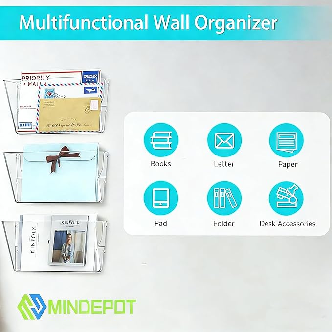 MINDEPOT 3 Pockets Acrylic Wall File Organizer, Clear Wall File Holder, Plastic Hanging Wall File Holder for Office, School and Home, Clear