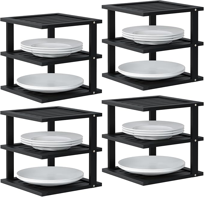 4 Pack Bamboo Corner Shelf,3 Tier Kitchen Cabinet Organizer for Plates and Dishes,Pantry Storage and Spice Rack（Black）