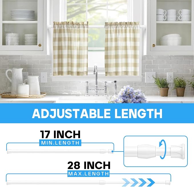Spring Tension Curtain Rods 17-28 Inch White 2 Pack | No-drill & tool-free setup. Fits windows, kitchens, doorways. Rust-resistant, great for light curtains.