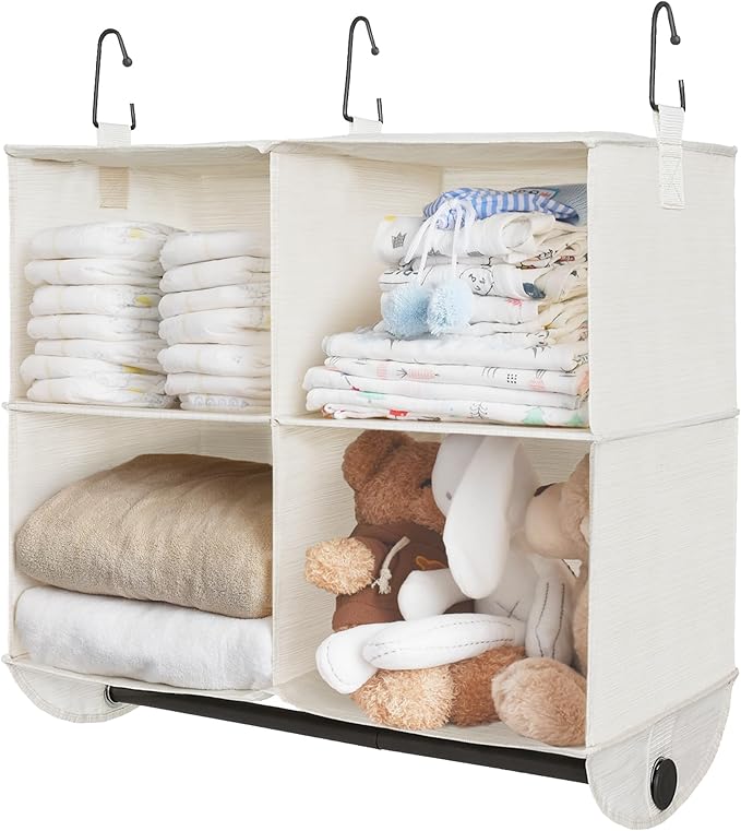 StorageWorks Hanging Closet Organizer with Metal Rod, 4-Section Closet Organizers and Storage, Collapsible Hanging Shelves for Baby Clothes, Shoes, Sweater Storage, Ivory and White