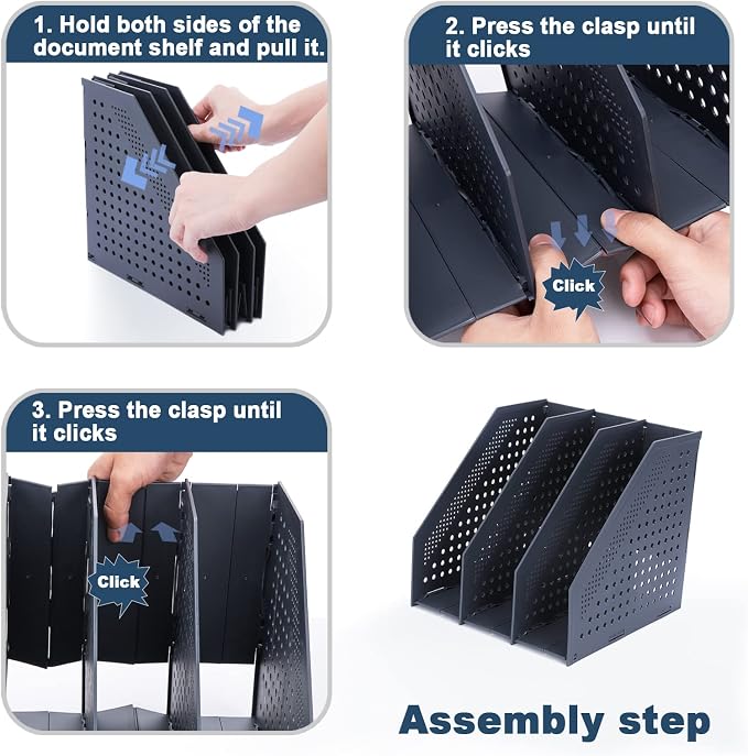 FRETONBA Collapsible Magazine File Holder, 3 Vertical Compartments | Foldable Space-Saving, Sturdy Plastic Binder Holder, Compact for Desk or Shelf, for Office & Home, Easy Access, Dark Gray