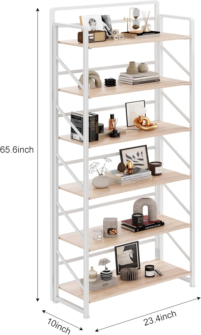 JSB No Assembly Folding Bookshelf, 6 Tier Industrial Metal Book Shelf for Storage, Vintage Wood Foldable Bookcase for Living Room, Bedroom, Office Organization Shelves