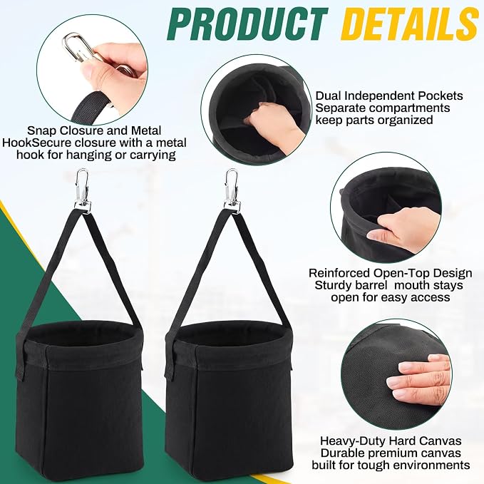 2 Pcs Tool Bags Square-Bottom 8" x 6.5" x 6.5", Canvas Tool Bucket Bag with 2 Interior Pockets & Metal Hook & Closure Loop, All-Purpose Bucket Tools Organizer for Outdoor Work Maintenance