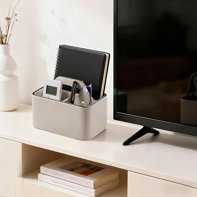 PU Leather Remote Control Holder, Desk Caddy Organizer with Handle Beige | 3 Compartments Portable Remote Organizer, Remote Caddy Bedside Holder for Office Storage Supply Organizer